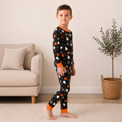 NIPAXO Halloween Boys Pajamas Soft Cotton Breathable Long Sleeve Pumpkin Ghost Print Ribbed Sleepwear Set for Kids