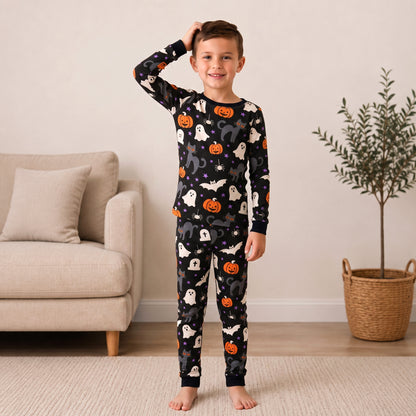 NIPAXO Toddler Boys Halloween Pajamas Black Cotton Spooky Ghost Cat Sleepwear Set Long Sleeve Ribbed Outfits for Kids