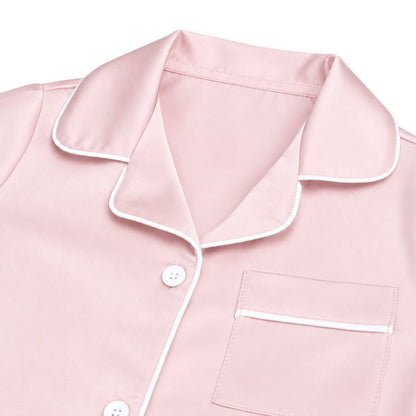 NIPAXO Girls Pajamas Set Short Sleeve Button-Down Silk Satin Sleepwear with White Piping for Toddler and Kids