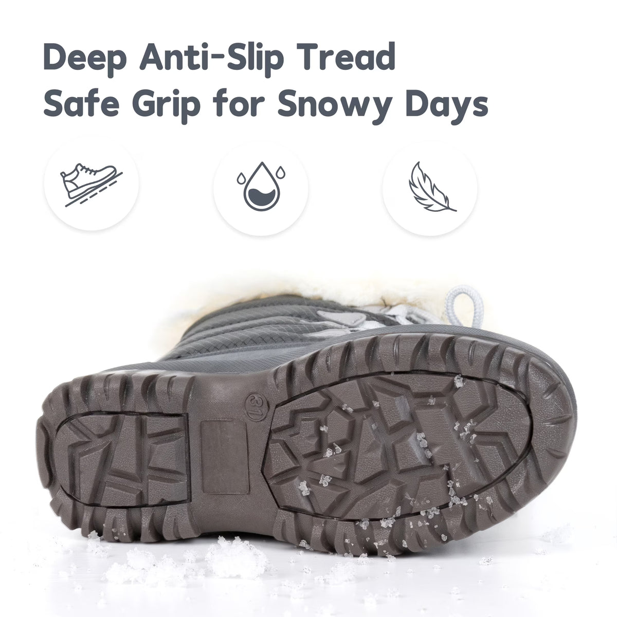 NIPAXO Kids Snow Boots Waterproof Winter Boots Grey Rubber Shell White Faux Fur Collar Classic Lace-Up Winter Boots for Boys Girls