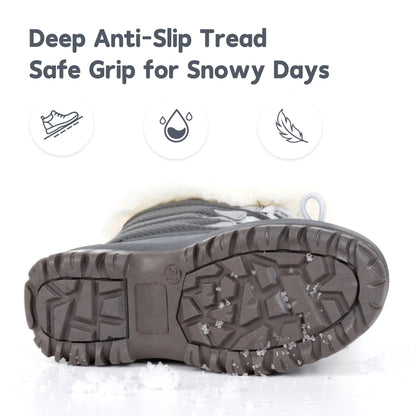 NIPAXO Kids Snow Boots Waterproof Winter Boots Grey Rubber Shell White Faux Fur Collar Classic Lace-Up Winter Boots for Boys Girls