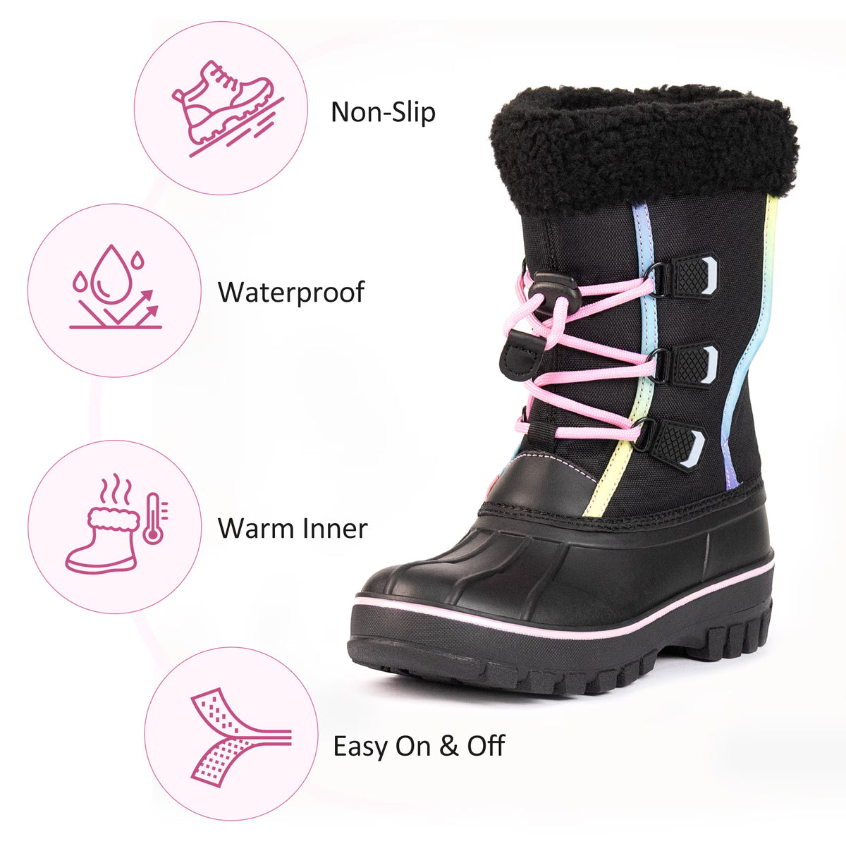 NIPAXO Girls Snow Boots Waterproof Winter Boots Black Rainbow Trim Faux Fur Cuff Slip Resistant Outdoor Winter Boots for Kids