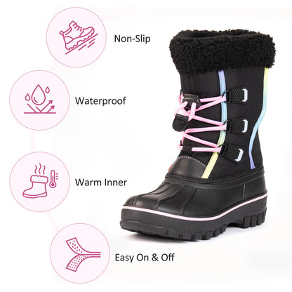 NIPAXO Girls Snow Boots Waterproof Winter Boots Black Rainbow Trim Faux Fur Cuff Slip Resistant Outdoor Winter Boots for Kids