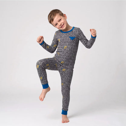 NIPAXO Boys Pajamas Set Long Sleeve Dinosaur Letter Print Casual Sleepwear with Blue Trim for Toddler Little Boys