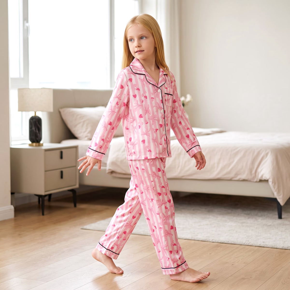NIPAXO Girls Pajamas Set Long Sleeve Button-Down Pink Stripe Strawberry Bow Print Long Pants Satin Sleepwear for Kids