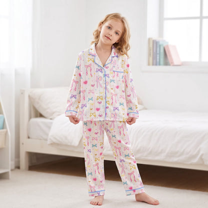 NIPAXO Girls Pajamas Set Long Sleeve Button-Down Cute Bow & Heart Print Sleepwear with Blue Piping for Toddler Little Girls