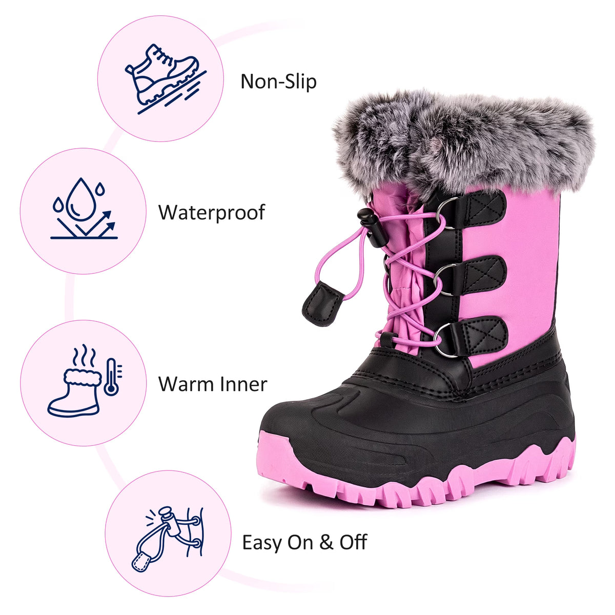 NIPAXO Girls Snow Boots Waterproof Winter Boots Hot Pink and Black Faux Fur Pom-Pom Collar Bungee Lacing Outdoor Winter Boots for Kids