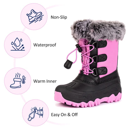 NIPAXO Girls Snow Boots Waterproof Winter Boots Hot Pink and Black Faux Fur Pom-Pom Collar Bungee Lacing Outdoor Winter Boots for Kids