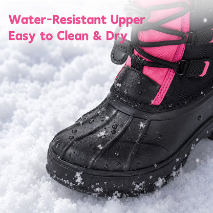 NIPAXO Girls Snow Boots Waterproof Winter Boots Black and Hot Pink Colorblock Faux Fur Trim Outdoor Winter Boots for Kids