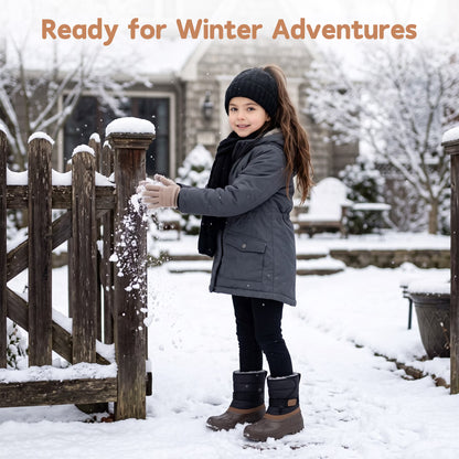 NIPAXO Kids Snow Boots Waterproof Winter Boots Brown and Black Faux Fur Lined Hook and Loop Cold Weather Outdoor Shoes for Boys Girls