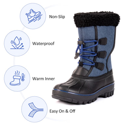 NIPAXO Kids Snow Boots Waterproof Winter Boots Blue Fabric Upper Faux Fur Cuff Slip Resistant Outdoor Winter Boots for Boys Girls