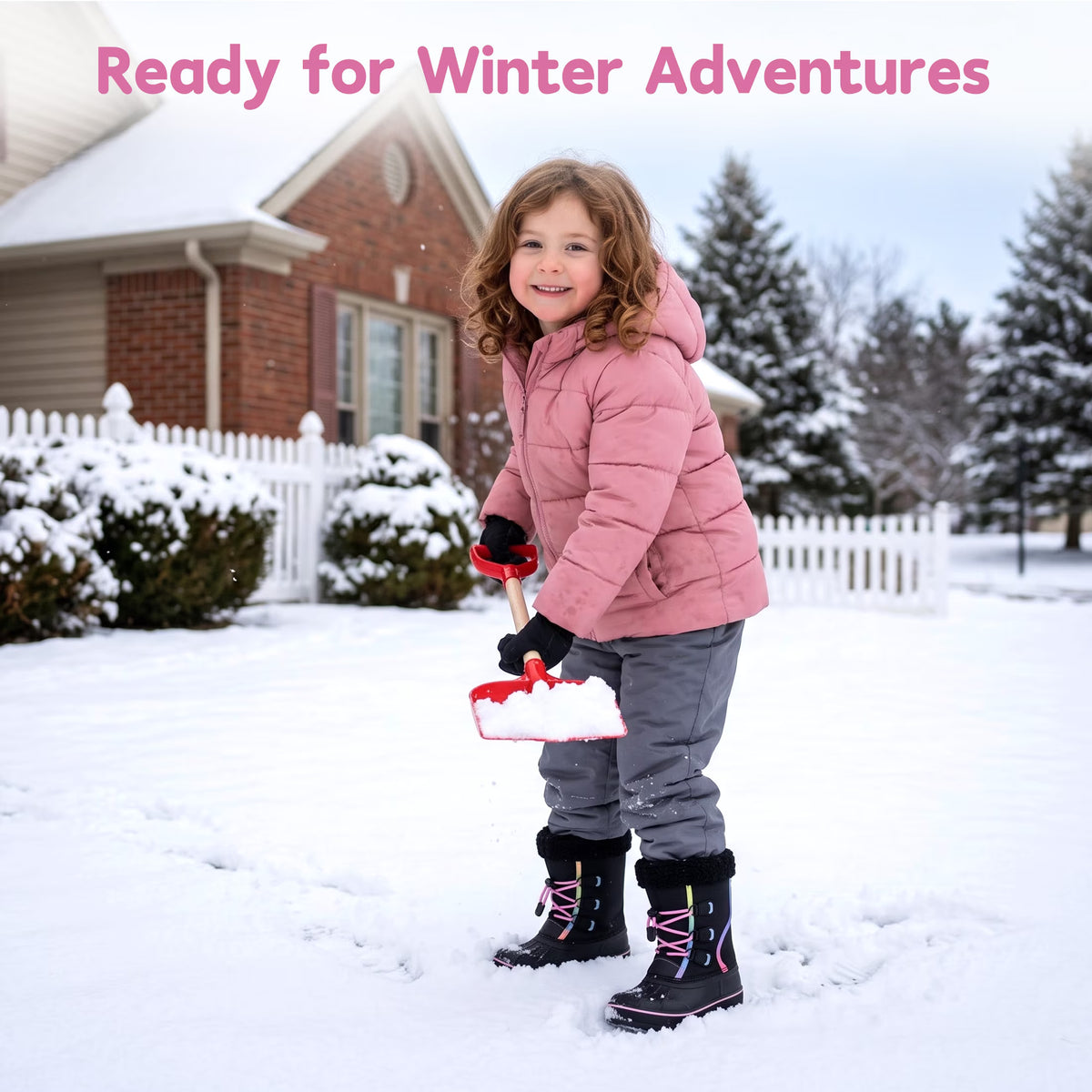 NIPAXO Girls Snow Boots Waterproof Winter Boots Black Rainbow Trim Faux Fur Cuff Slip Resistant Outdoor Winter Boots for Kids