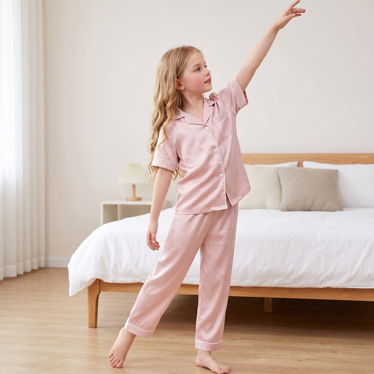 NIPAXO Girls Pajamas Set Short Sleeve Button-Down Silk Satin Sleepwear with White Piping for Toddler and Kids