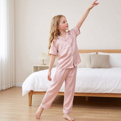NIPAXO Girls Pajamas Set Short Sleeve Button-Down Silk Satin Sleepwear with White Piping for Toddler and Kids