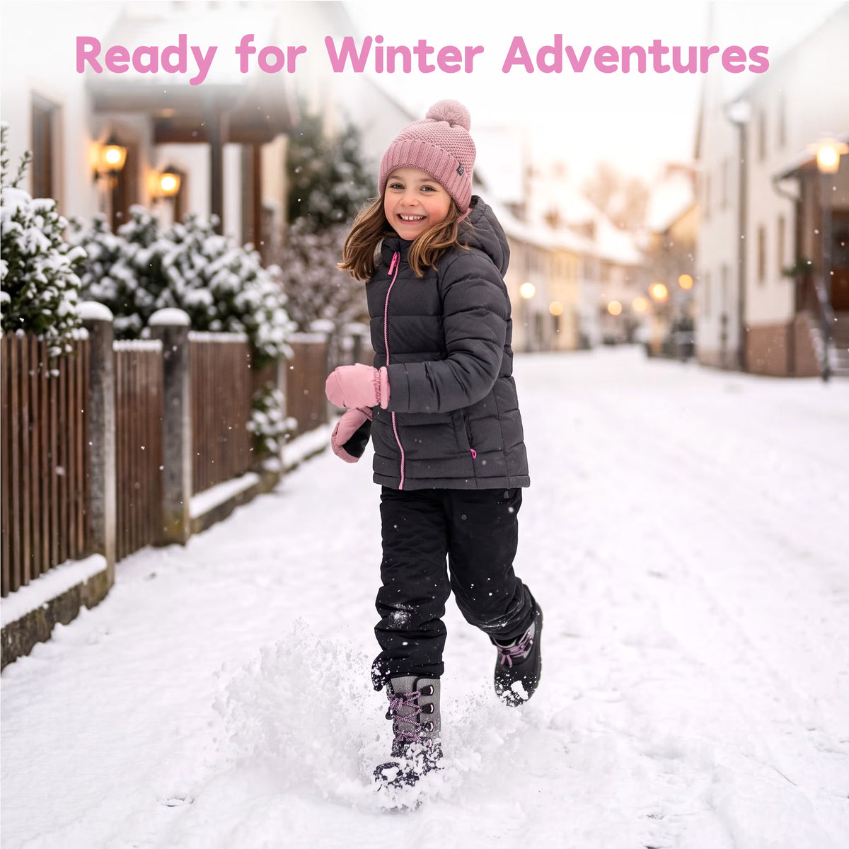 NIPAXO Girls Snow Boots Waterproof Winter Boots Grey Quilted Fabric Upper Pink Speckled Bungee Lacing Outdoor Winter Boots for Kids