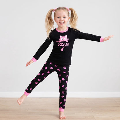 NIPAXO Girls Pajamas Set Long Sleeve Pink Cat Graphic & Paw Print Sleepwear with Pink Trim for Toddler Little Girls
