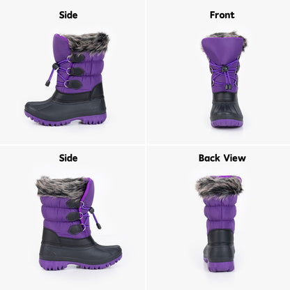 NIPAXO Kids Snow Boots Waterproof Winter Boots Purple and Black Faux Fur Cuff Bungee Lacing Cold Weather Outdoor Shoes for Boys Girls