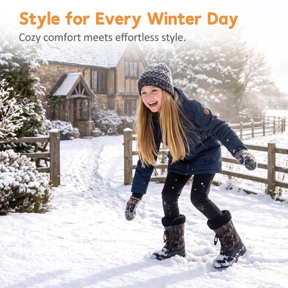 NIPAXO Kids Snow Boots Waterproof Winter Boots Black Camo Orange Accents Sherpa Collar Bungee Lacing Outdoor Cold Weather Winter Boots for Boys Girls