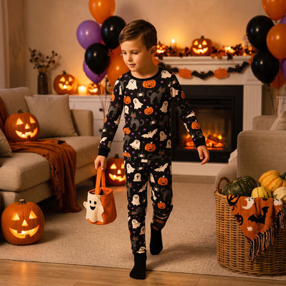 NIPAXO Toddler Boys Halloween Pajamas Black Cotton Spooky Ghost Cat Sleepwear Set Long Sleeve Ribbed Outfits for Kids