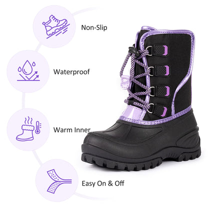 NIPAXO Girls Snow Boots Waterproof Winter Boots Black and Purple Quilted Fabric Upper Bungee Lacing Outdoor Winter Boots for Kids