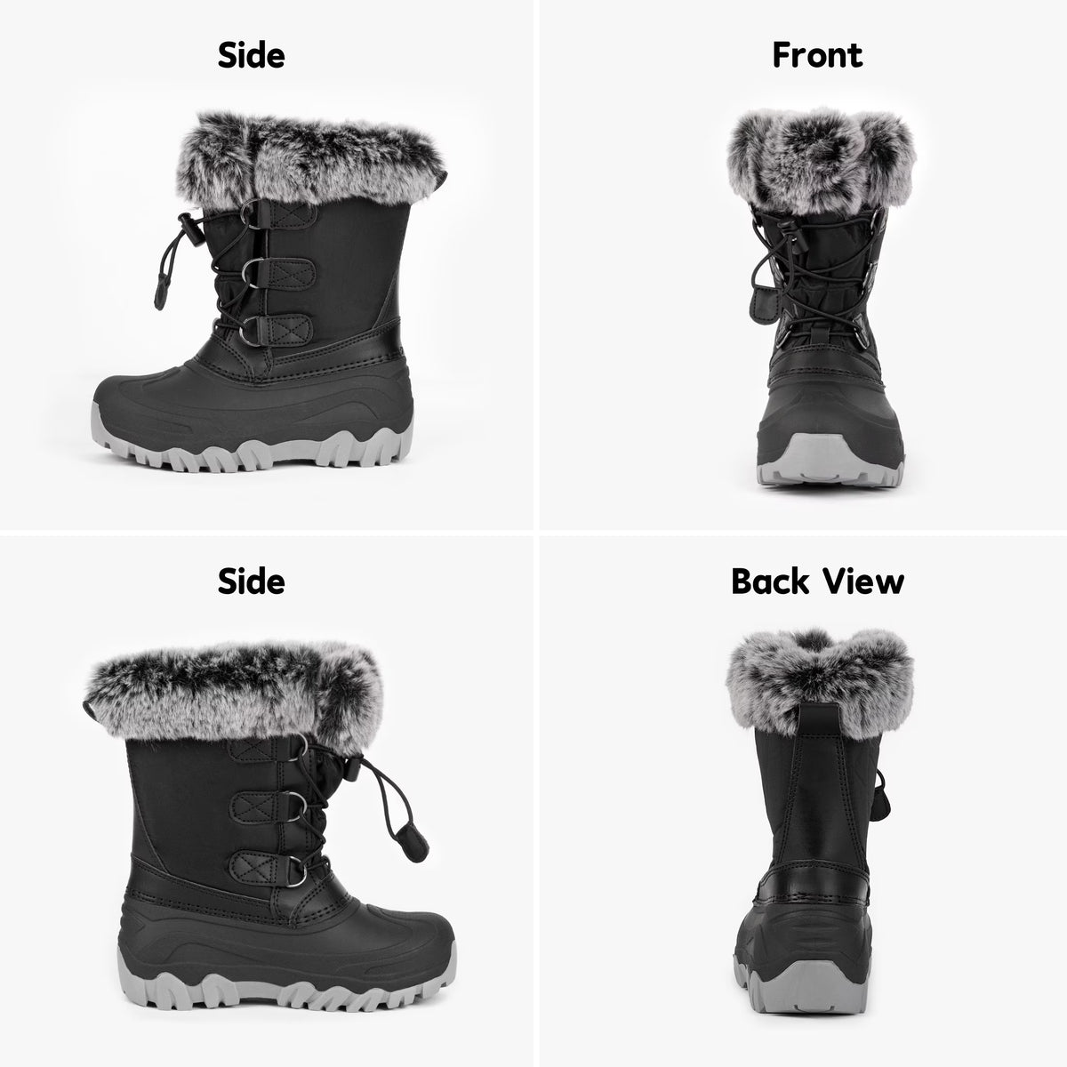 NIPAXO Kids Snow Boots Waterproof Winter Boots All Black Faux Fur Collar Bungee Lacing Outdoor Cold Weather Winter Boots for Boys Girls