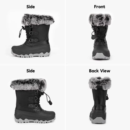 NIPAXO Kids Snow Boots Waterproof Winter Boots All Black Faux Fur Collar Bungee Lacing Outdoor Cold Weather Winter Boots for Boys Girls