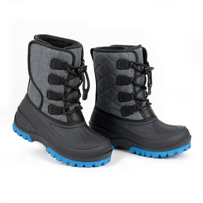 NIPAXO Kids Snow Boots Waterproof Winter Boots Grey and Black Blue Outsole Bungee Lacing Outdoor Cold Weather Shoes for Boys Girls
