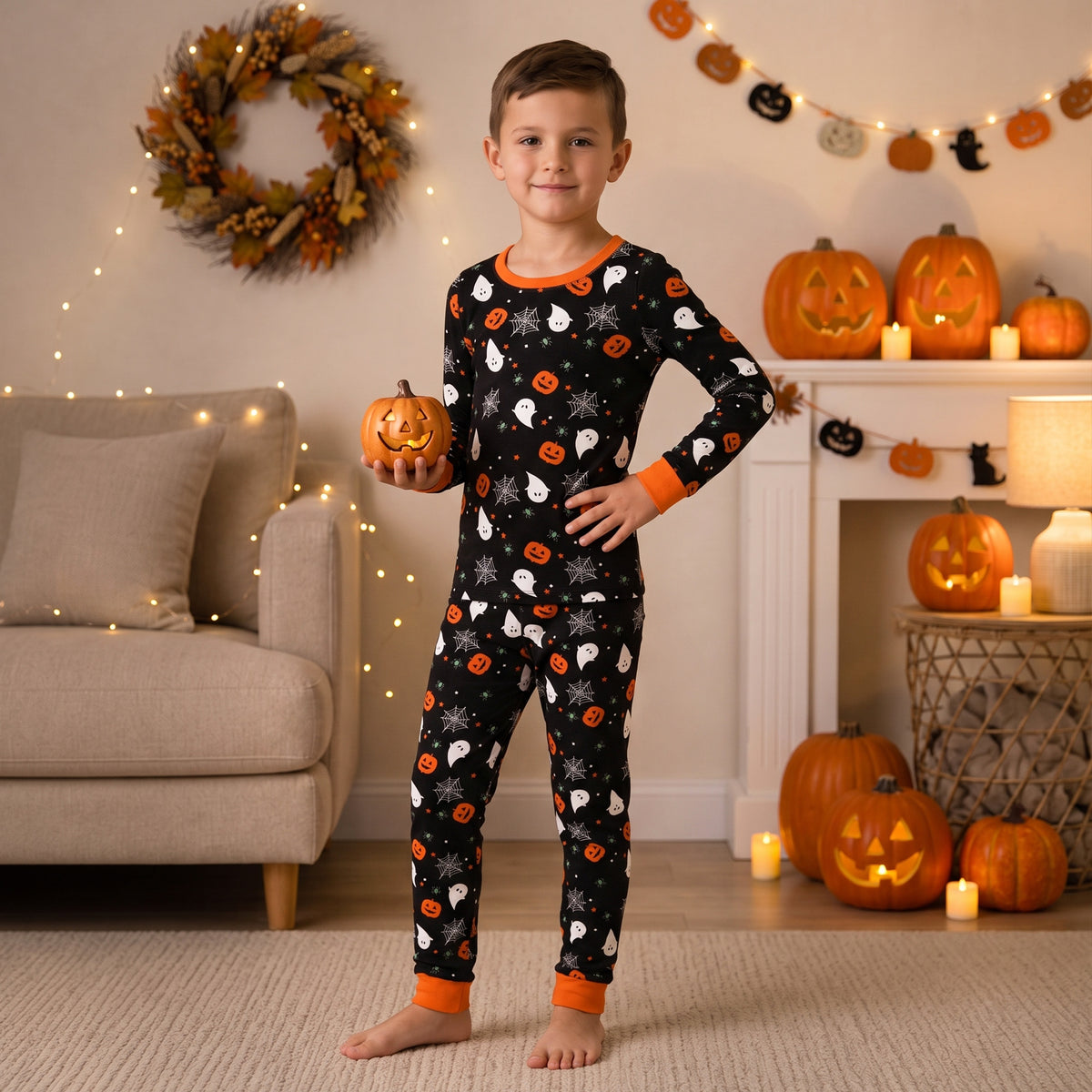 NIPAXO Halloween Boys Pajamas Soft Cotton Breathable Long Sleeve Pumpkin Ghost Print Ribbed Sleepwear Set for Kids