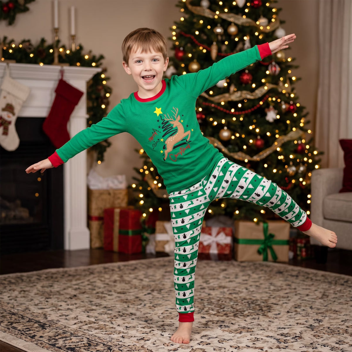 NIPAXO Kids Christmas Pajamas Set Long Sleeve Embroidered Reindeer & "Merry Christmas" Graphic Holiday Sleepwear with Fair Isle Stripe Pants for Boys and Girls