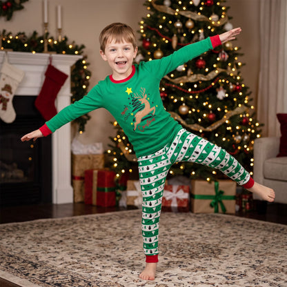 NIPAXO Kids Christmas Pajamas Set Long Sleeve Embroidered Reindeer & "Merry Christmas" Graphic Holiday Sleepwear with Fair Isle Stripe Pants for Boys and Girls