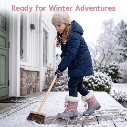 NIPAXO Girls Snow Boots Waterproof Dusty Pink and Grey White Faux Fur Collar Classic Lace-Up Winter Boots for Girls