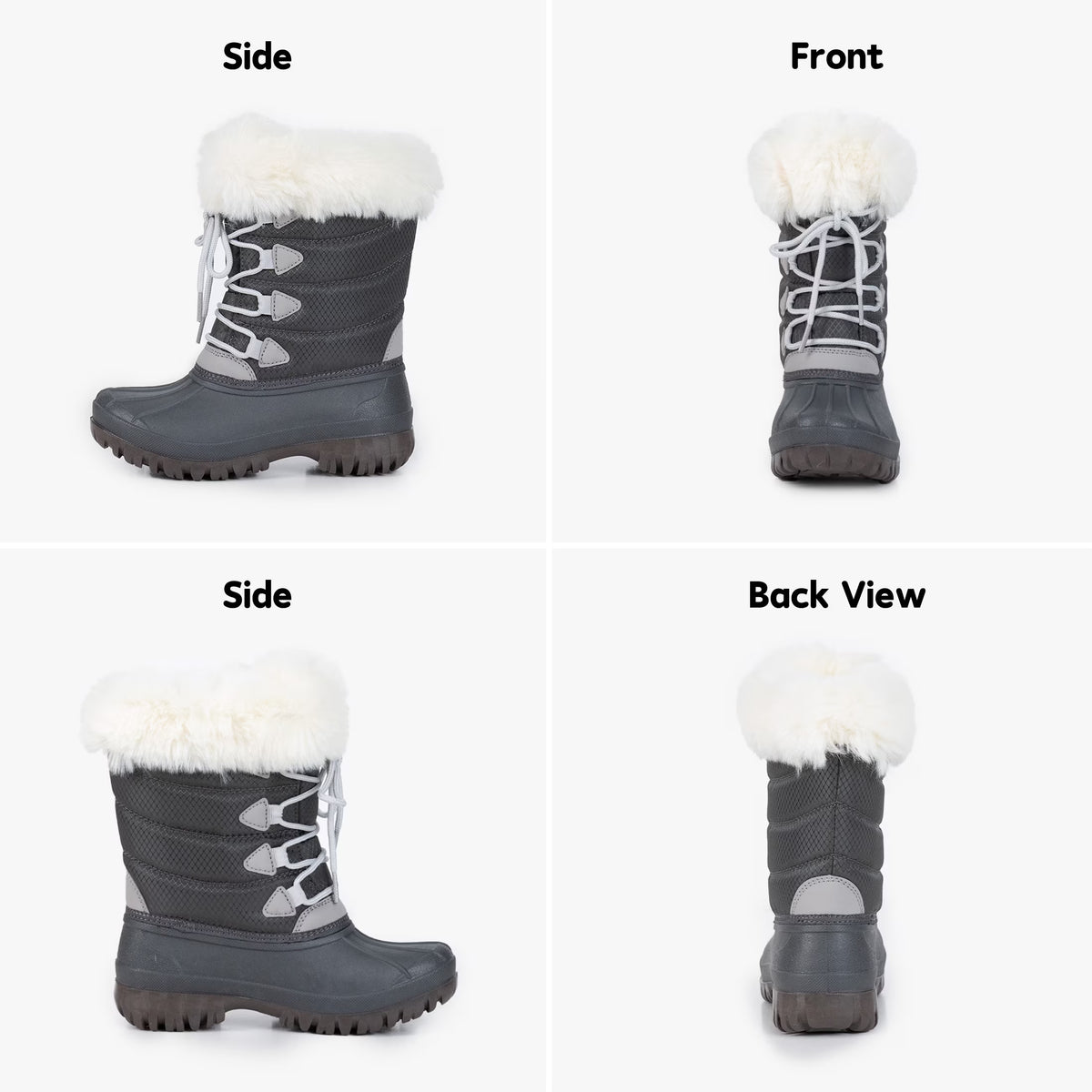NIPAXO Kids Snow Boots Waterproof Winter Boots Grey Rubber Shell White Faux Fur Collar Classic Lace-Up Winter Boots for Boys Girls