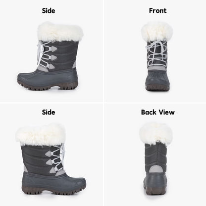 NIPAXO Kids Snow Boots Waterproof Winter Boots Grey Rubber Shell White Faux Fur Collar Classic Lace-Up Winter Boots for Boys Girls