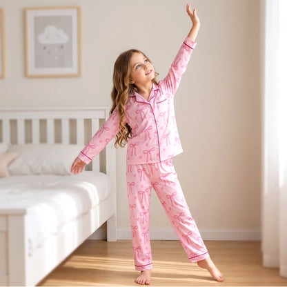 NIPAXO Girls Pajama Set Long Sleeve Button-Down Top and Pants Soft Satin Cute Pink Bows Hearts Print Loose Sleepwear