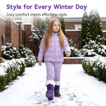 NIPAXO Kids Snow Boots Waterproof Purple and Black White Faux Fur Collar Classic Lace-Up Winter Boots for Boys Girls