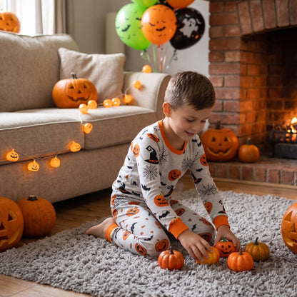 NIPAXO Halloween Boys Pajamas Set,Soft Cotton Long Sleeve Pumpkin Bat Print Ribbed Sleepwear Kids