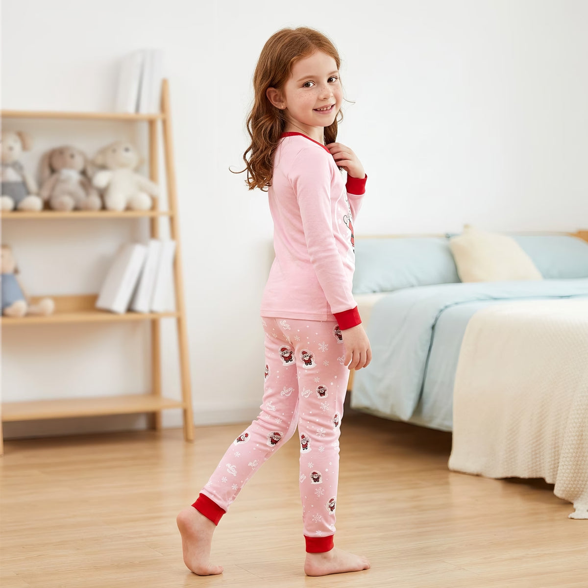 NIPAXO Girls Christmas Pajamas Set Long Sleeve Snow Globe Santa Graphic Top and Matching Print Pants Sleepwear for Kids