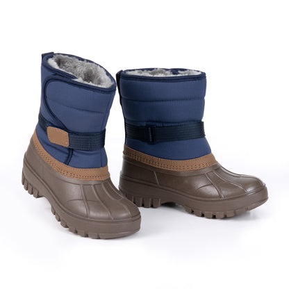 NIPAXO Kids Snow Boots Waterproof Winter Boots Blue and Brown Faux Fur Lined Hook and Loop Cold Weather Outdoor Shoes for Boys Girls