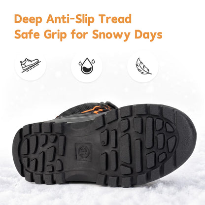 NIPAXO Kids Snow Boots Waterproof Winter Boots Black Camo Orange Accents Sherpa Collar Bungee Lacing Outdoor Cold Weather Winter Boots for Boys Girls