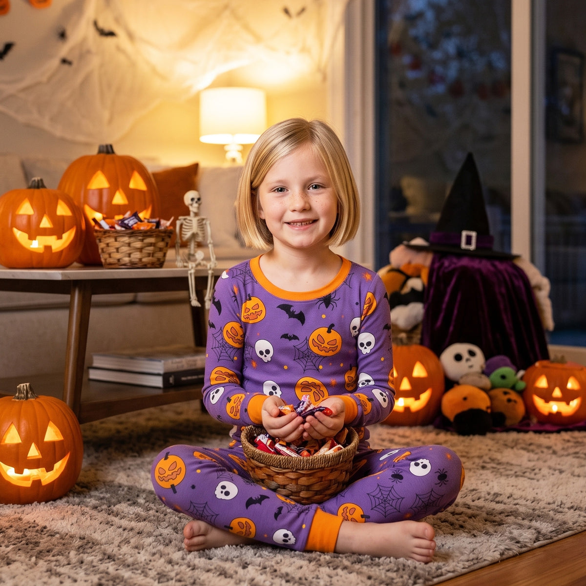 NIPAXO Halloween Girls Pajamas Set Pumpkin & Skull Graphic Long Sleeve Cotton Sleepwear for Kids