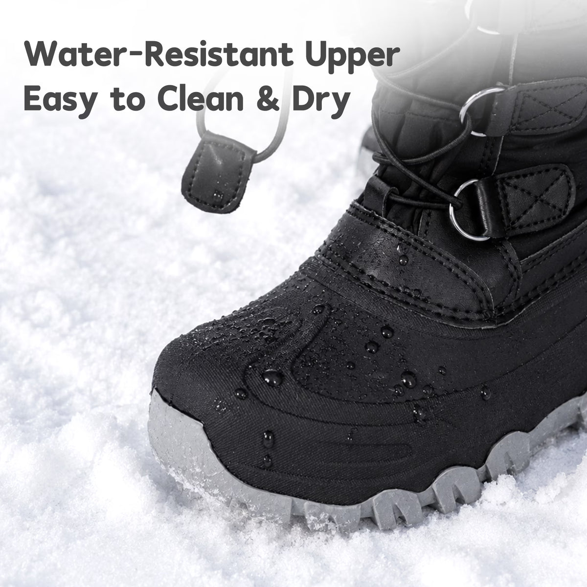 NIPAXO Kids Snow Boots Waterproof Winter Boots All Black Faux Fur Collar Bungee Lacing Outdoor Cold Weather Winter Boots for Boys Girls