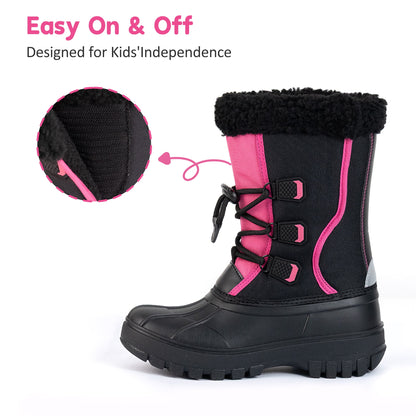NIPAXO Girls Snow Boots Waterproof Winter Boots Black and Hot Pink Colorblock Faux Fur Trim Outdoor Winter Boots for Kids