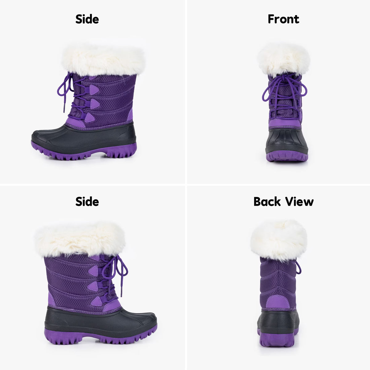 NIPAXO Kids Snow Boots Waterproof Purple and Black White Faux Fur Collar Classic Lace-Up Winter Boots for Boys Girls