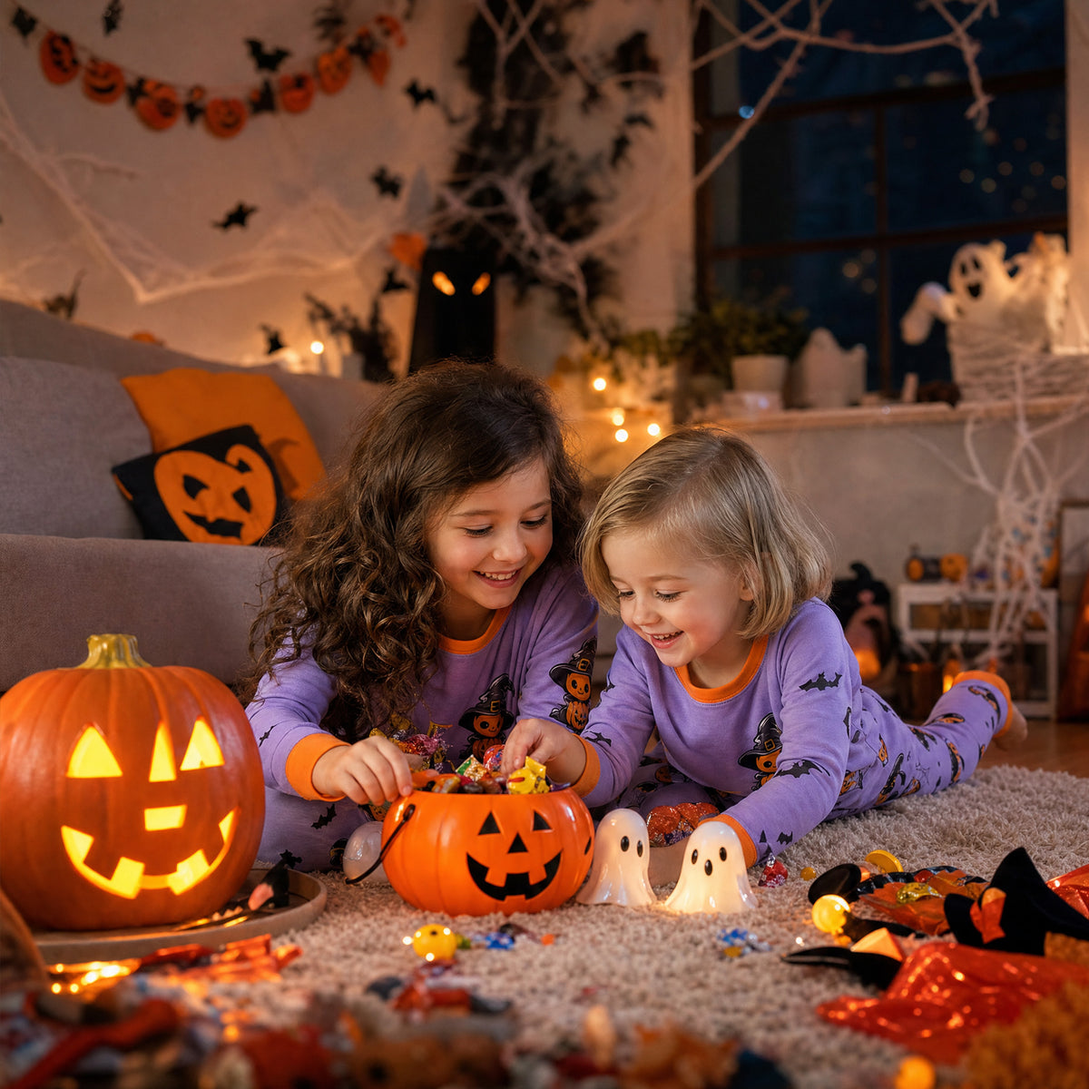 NIPAXO Halloween Girls Pajamas Set Pumpkin & Skull Graphic Long Sleeve Cotton Sleepwear for Kids