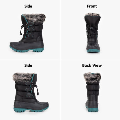 NIPAXO Kids Winter Snow Boots Black and Teal Colorblock Bungee Lacing Waterproof Outdoor Shoes for Boys Girls