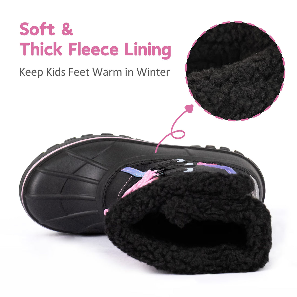 NIPAXO Girls Snow Boots Waterproof Winter Boots Black Rainbow Trim Faux Fur Cuff Slip Resistant Outdoor Winter Boots for Kids