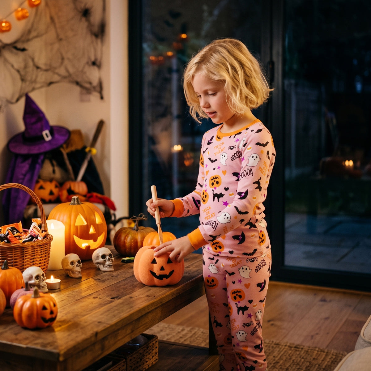 NIPAXO Halloween Girls Pajamas Set Pumpkin & Ghost Graphic Long Sleeve Cotton Sleepwear for Kids