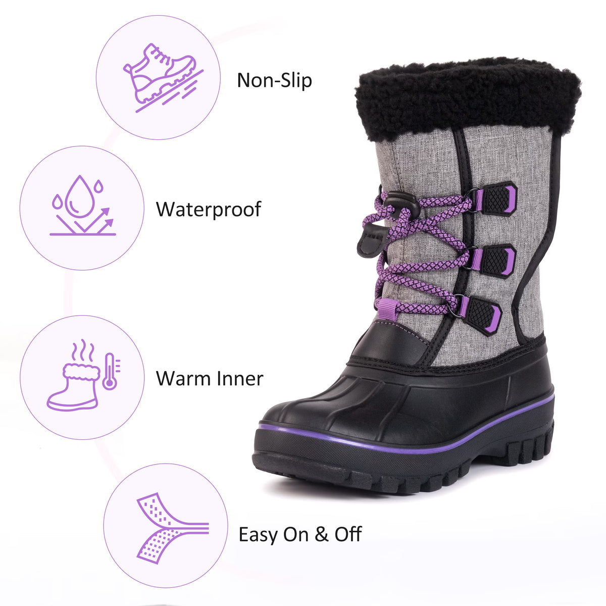 NIPAXO Kids Snow Boots Waterproof Winter Boots Grey and Black Purple Accents Sherpa Collar Bungee Lacing Outdoor Cold Weather Winter Boots for Boys Girls