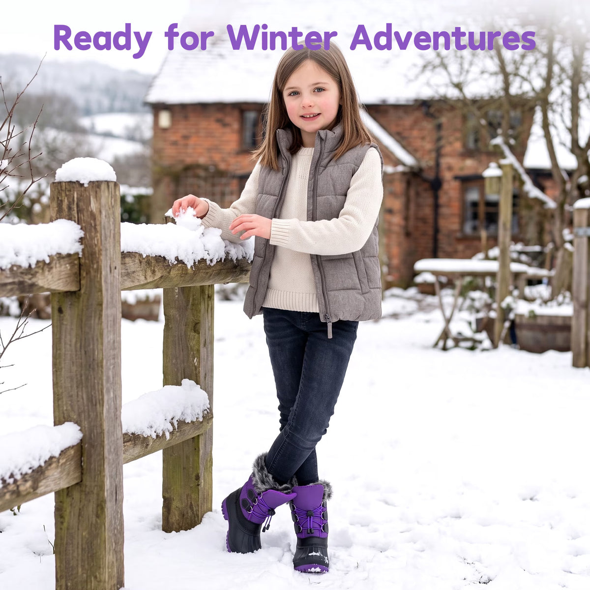 NIPAXO Kids Snow Boots Waterproof Winter Boots Purple and Black Faux Fur Cuff Bungee Lacing Cold Weather Outdoor Shoes for Boys Girls
