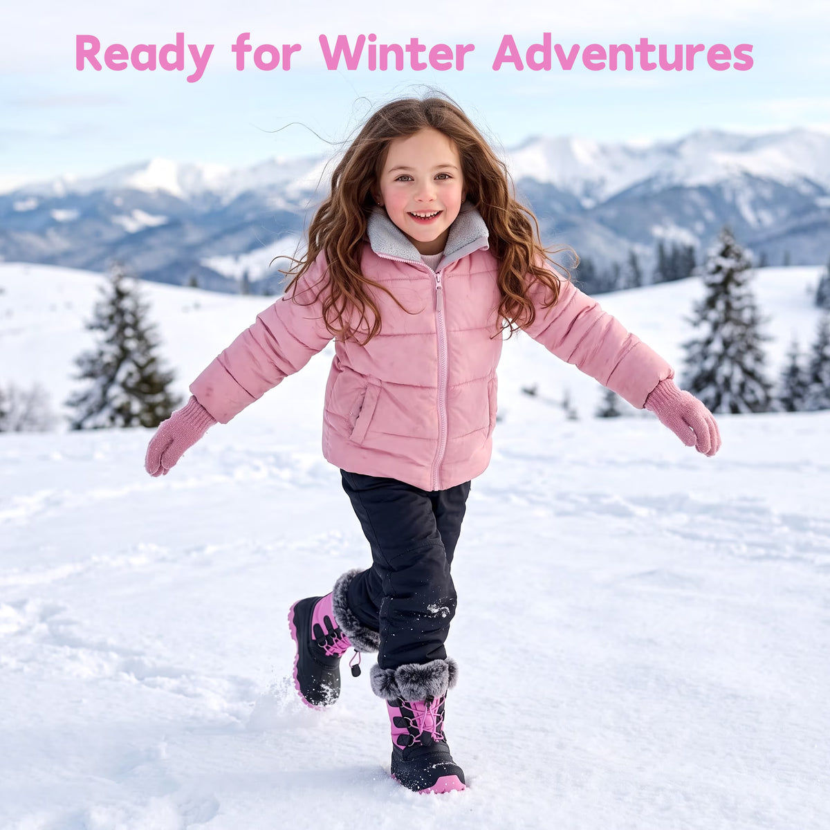 NIPAXO Girls Snow Boots Waterproof Winter Boots Hot Pink and Black Faux Fur Pom-Pom Collar Bungee Lacing Outdoor Winter Boots for Kids